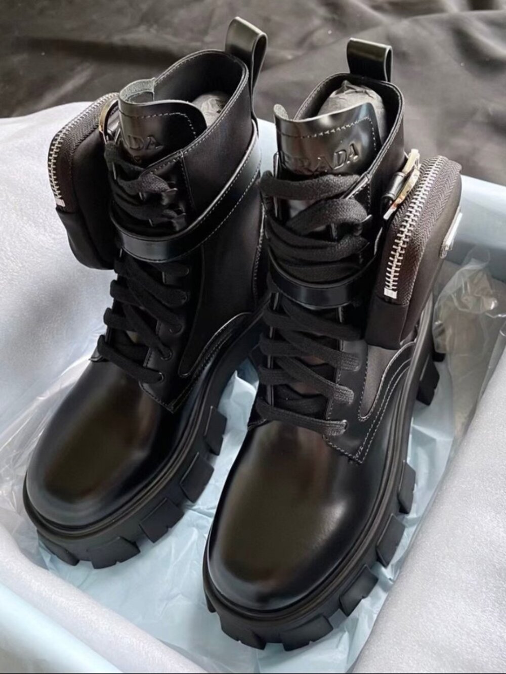 Prada Monolith Black Leather Combat Boots with Detachable Pouch Triangle Logo